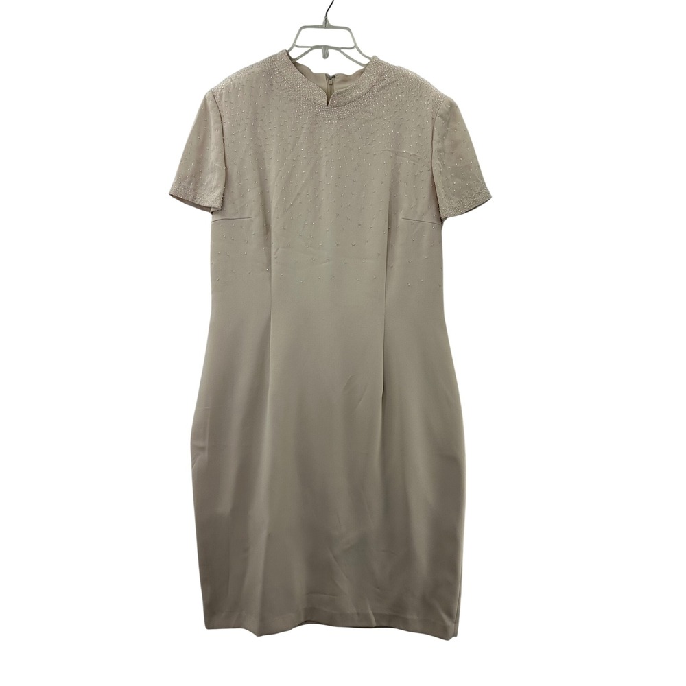 Donna Morgan Women's Sheath Dress Beige Beaded‎ Short Sleeve Formal Cocktail